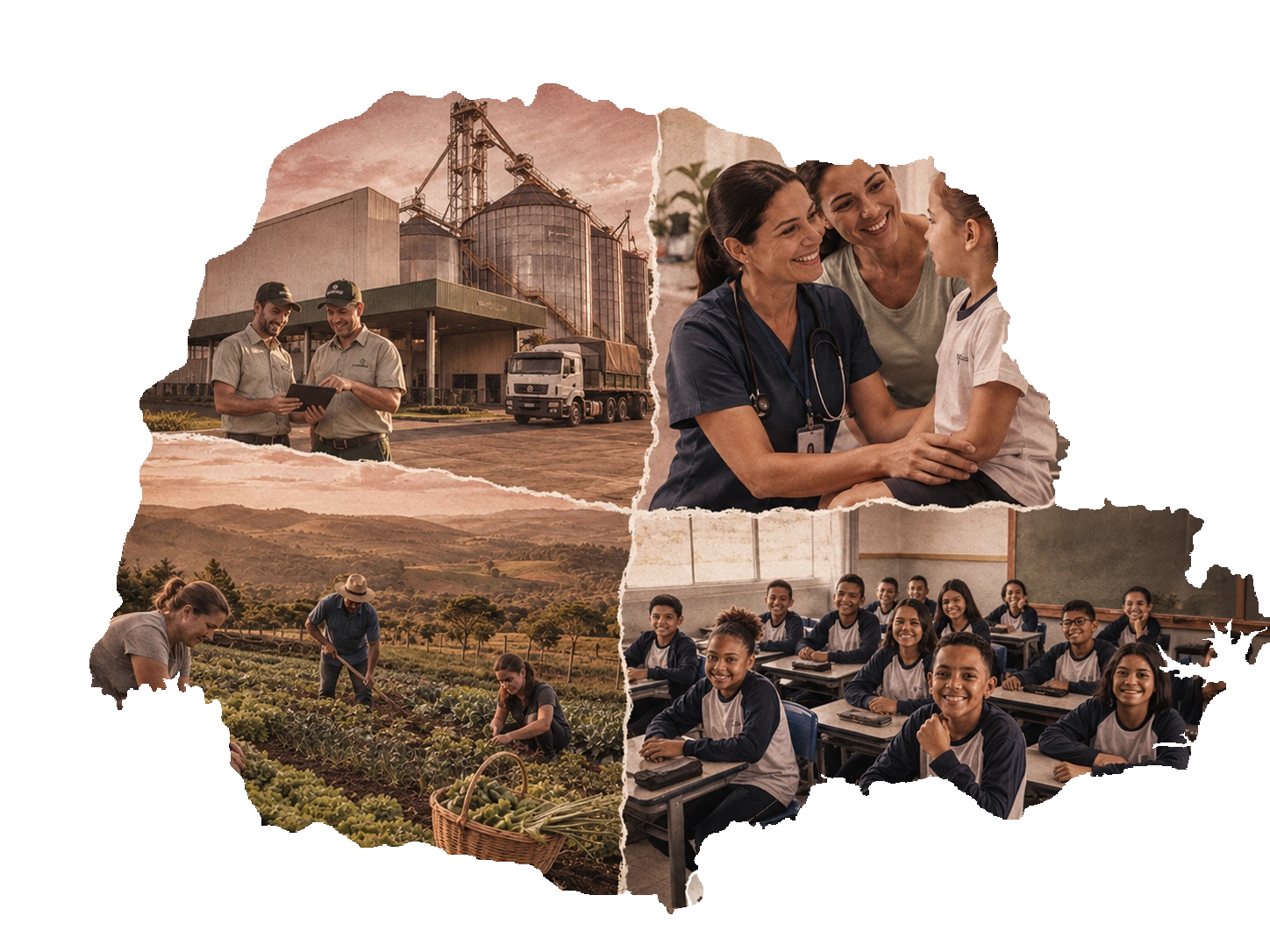 Colagem ilustrativa no formato do mapa do Paraná, com paisagens, trabalhadores e comunidades